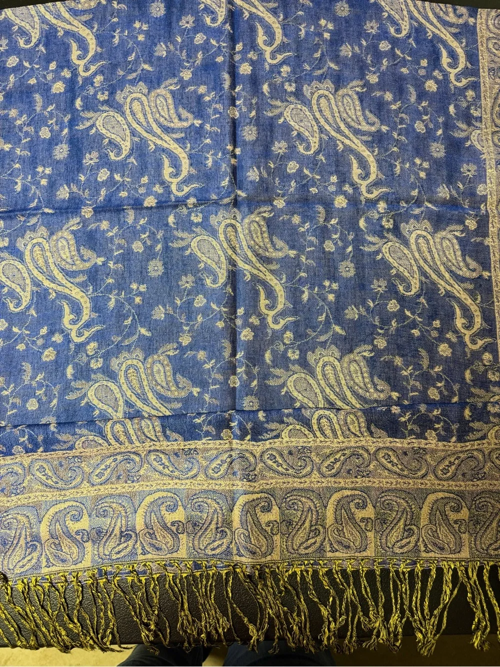 Unbranded Blue Paisley Throw with Gold Fringe